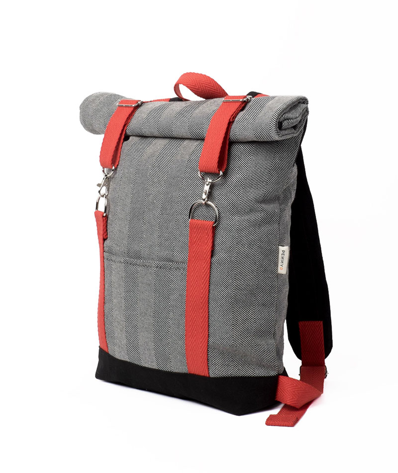 Roll top black fishbone red backpack