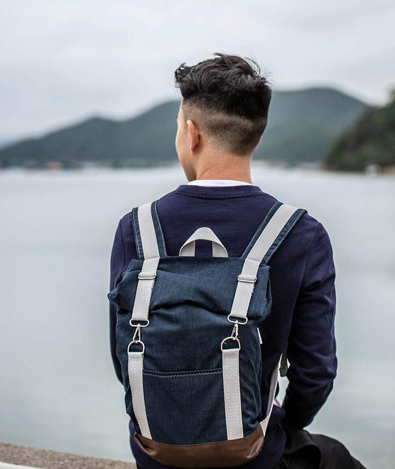 Roll top blue navy backpack