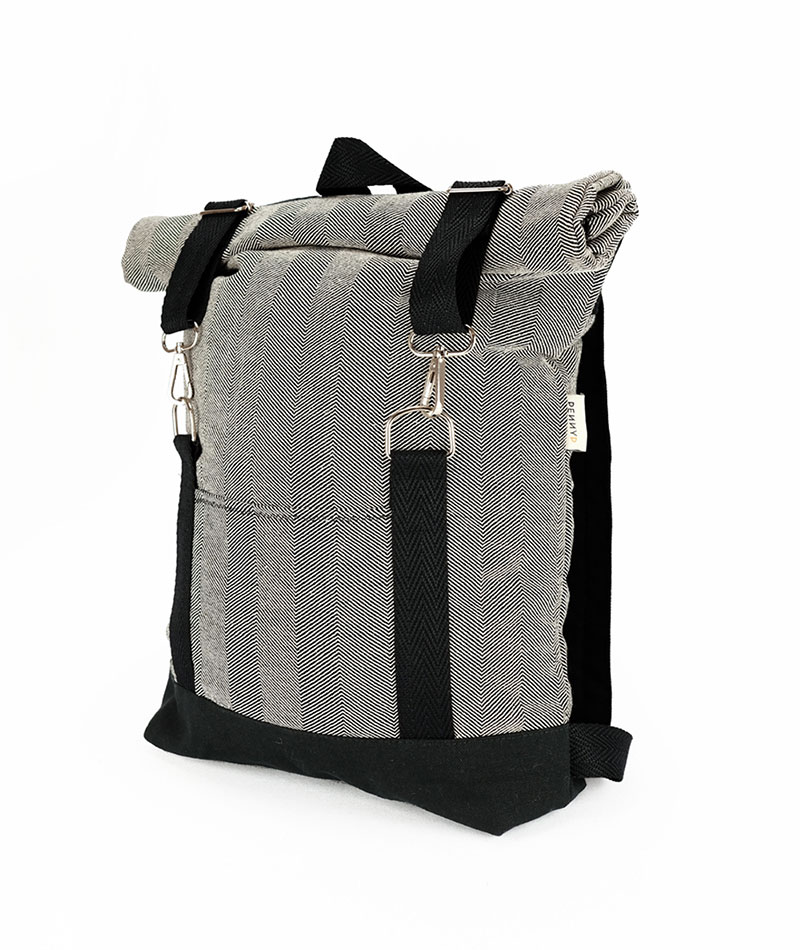 Roll top fishbone black backpack