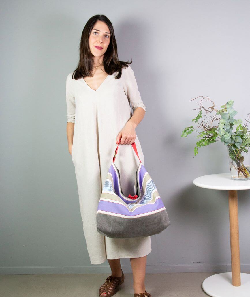 Bag made in Spain with an old lilac striped mattress fabric