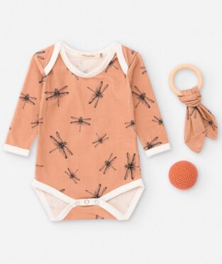 Pack de regalo body, mordedor y pelota Montessori con estampado de libélulas