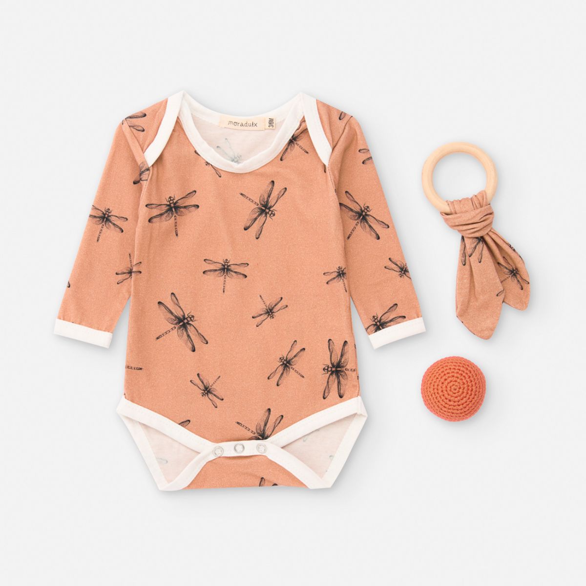 Pack de regalo body, mordedor y pelota Montessori con estampado de libélulas