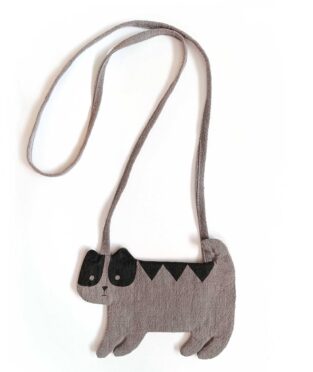 pequeño bolso de lino con forma de gato en color gris azulado