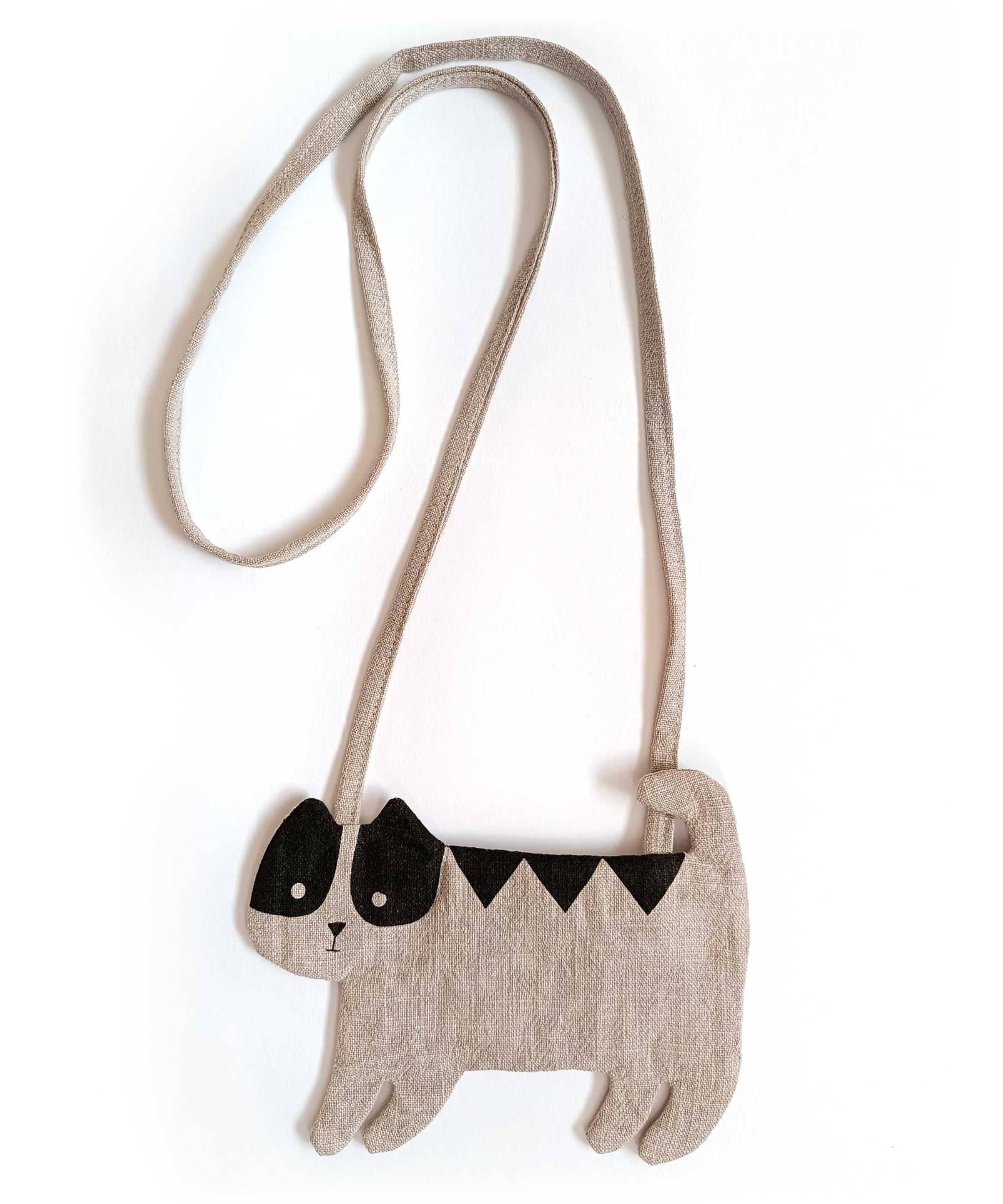 pequeño bolso de lino con forma de gato en color gris claro