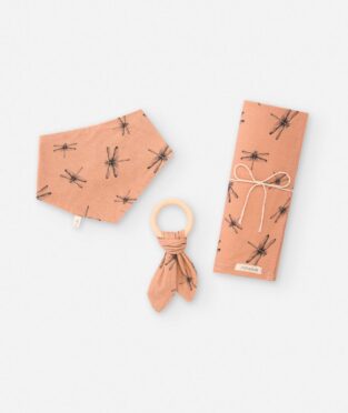 Pack bandana, mordedor y manta de estampado de libélulas color tierra